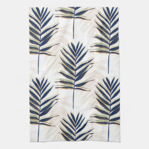 Modern Blue Palm Leaves Gold Strokes White Design Kitchen Towel