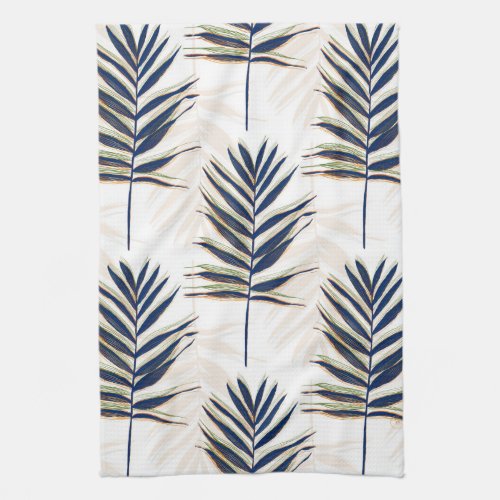 Modern Blue Palm Leaves Gold Strokes White Design Kitchen Towel