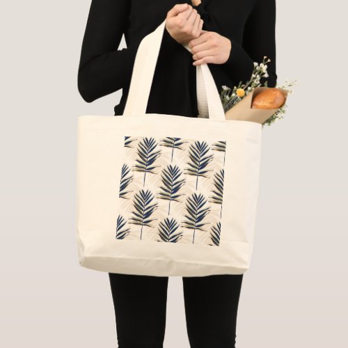 Modern Blue Palm Leaves Gold Strokes White Design Large Tote Bag