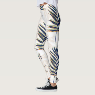 Modern Blue Palm Leaves Gold Strokes White Design Leggings