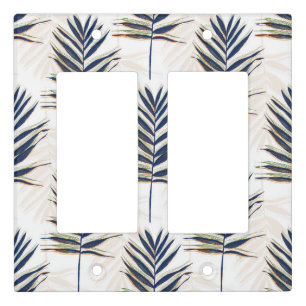 Modern Blue Palm Leaves Gold Strokes White Design Light Switch Cover