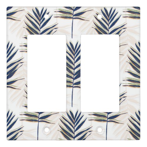Modern Blue Palm Leaves Gold Strokes White Design Light Switch Cover