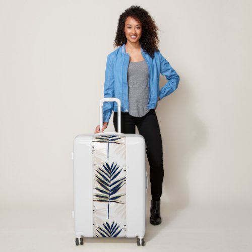 Modern Blue Palm Leaves Gold Strokes White Design Luggage