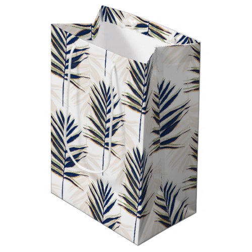 Modern Blue Palm Leaves Gold Strokes White Design Medium Gift Bag