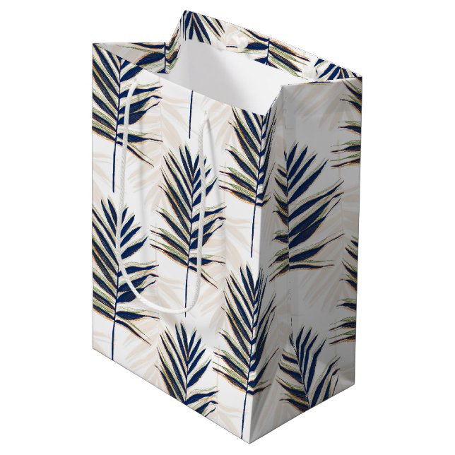 Modern Blue Palm Leaves Gold Strokes White Design Medium Gift Bag (Front Angled)