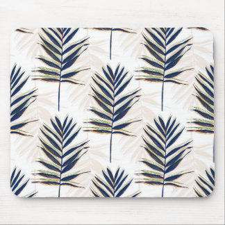 Modern Blue Palm Leaves Gold Strokes White Design Mouse Pad