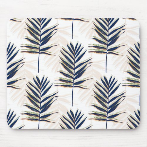 Modern Blue Palm Leaves Gold Strokes White Design Mouse Pad