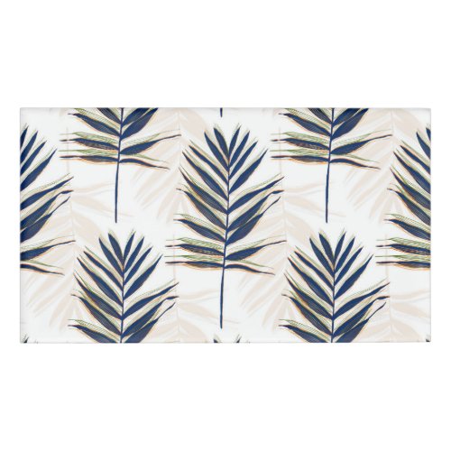 Modern Blue Palm Leaves Gold Strokes White Design Name Tag