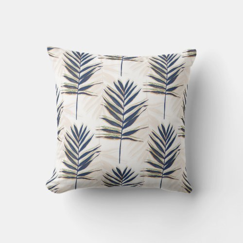 Modern Blue Palm Leaves Gold Strokes White Design Outdoor Pillow