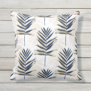 Modern Blue Palm Leaves Gold Strokes White Design Outdoor Pillow
