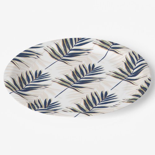 Modern Blue Palm Leaves Gold Strokes White Design Paper Plates