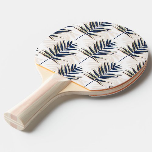 Modern Blue Palm Leaves Gold Strokes White Design Ping Pong Paddle