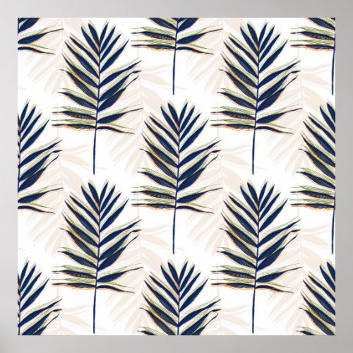 Modern Blue Palm Leaves Gold Strokes White Design Poster