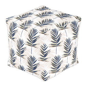 Modern Blue Palm Leaves Gold Strokes White Design Pouf