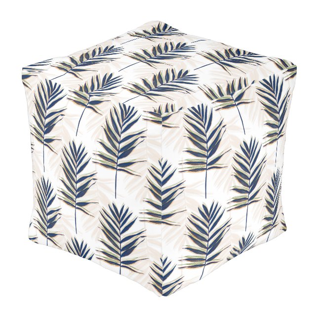 Modern Blue Palm Leaves Gold Strokes White Design Pouf (Angled Front)