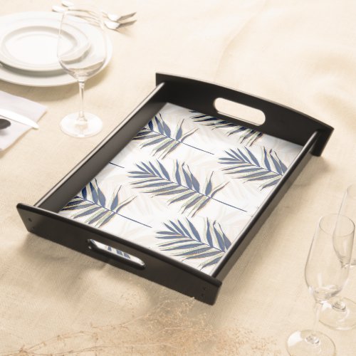 Modern Blue Palm Leaves Gold Strokes White Design Serving Tray