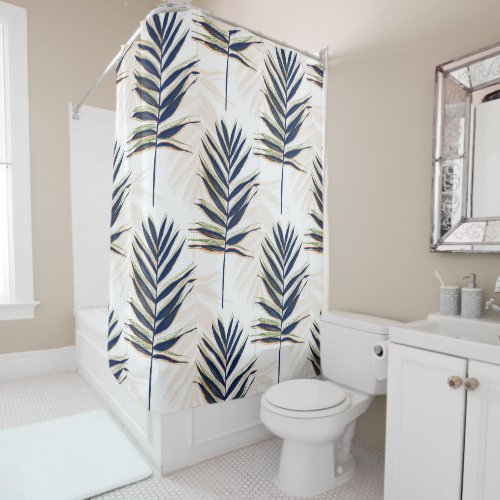 Modern Blue Palm Leaves Gold Strokes White Design Shower Curtain