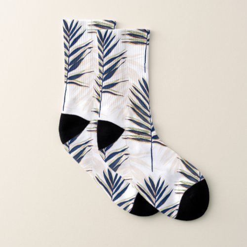 Modern Blue Palm Leaves Gold Strokes White Design Socks