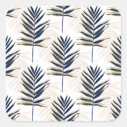 Modern Blue Palm Leaves Gold Strokes White Design Square Sticker