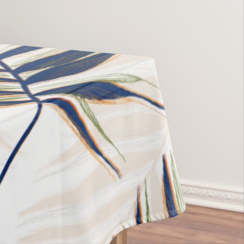Modern Blue Palm Leaves Gold Strokes White Design Tablecloth