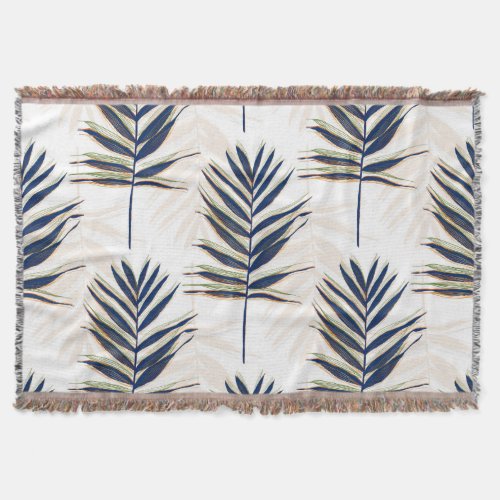Modern Blue Palm Leaves Gold Strokes White Design Throw Blanket
