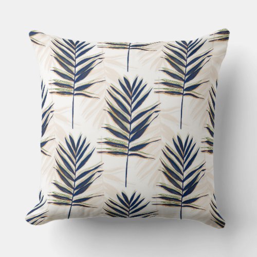 Modern Blue Palm Leaves Gold Strokes White Design Throw Pillow