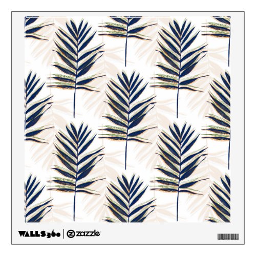 Modern Blue Palm Leaves Gold Strokes White Design Wall Decal