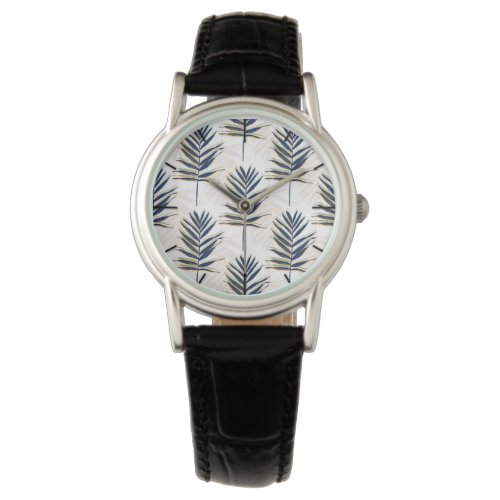Modern Blue Palm Leaves Gold Strokes White Design Watch