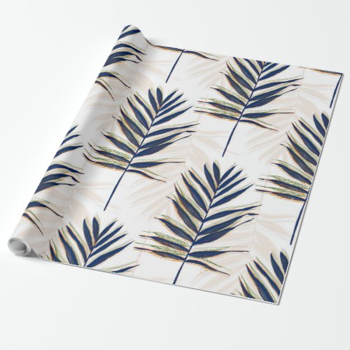 Modern Blue Palm Leaves Gold Strokes White Design Wrapping Paper