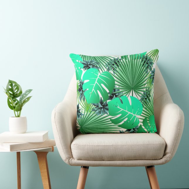 Modern Blue Palm Leaves Tropical Jungle Pattern Throw Pillow (Chair)