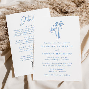 Modern Blue Palm Trees QR Code All in One Wedding Invitation