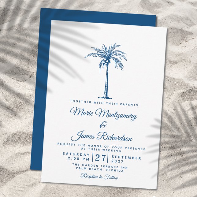 Modern Blue Palm Tropical Beach Wedding Invitation (Creator Uploaded)