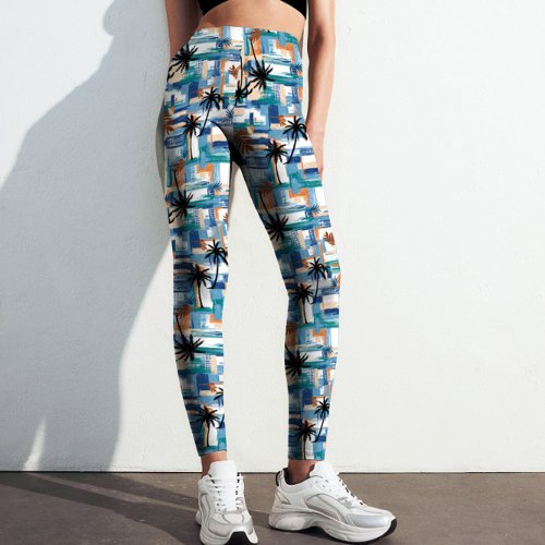 Modern Blue Palm Tropical Checked Abstract Pattern Leggings