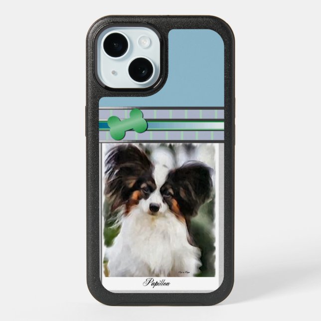 Modern Blue Papillon Dog Art iPhone 15 Case (Back)