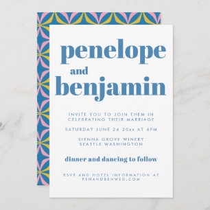 Modern Blue Pattern Retro Typography Wedding  Invitation
