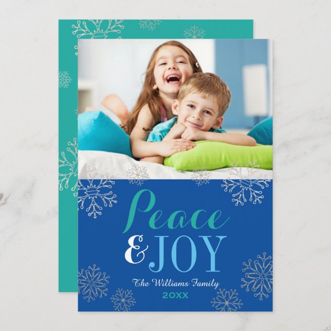 Modern Blue Peace and Joy Snowflake Photo Holiday Card (Front/Back)