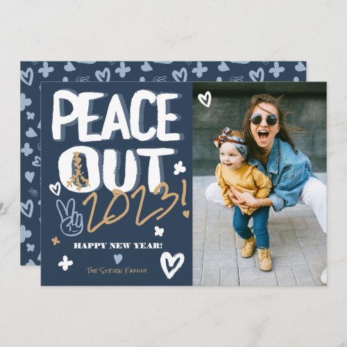 Modern blue peace out 2022 Happy New Year photo Holiday Card