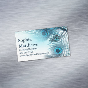 Modern Blue Peacock Feathers Business Card Magnet