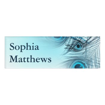 Modern Blue Peacock Feathers Name Tag by pixelholicBC at Zazzle