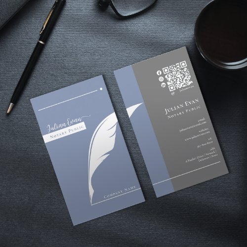 Modern Blue Pen nib Logo Notary Public Qr code Business Card