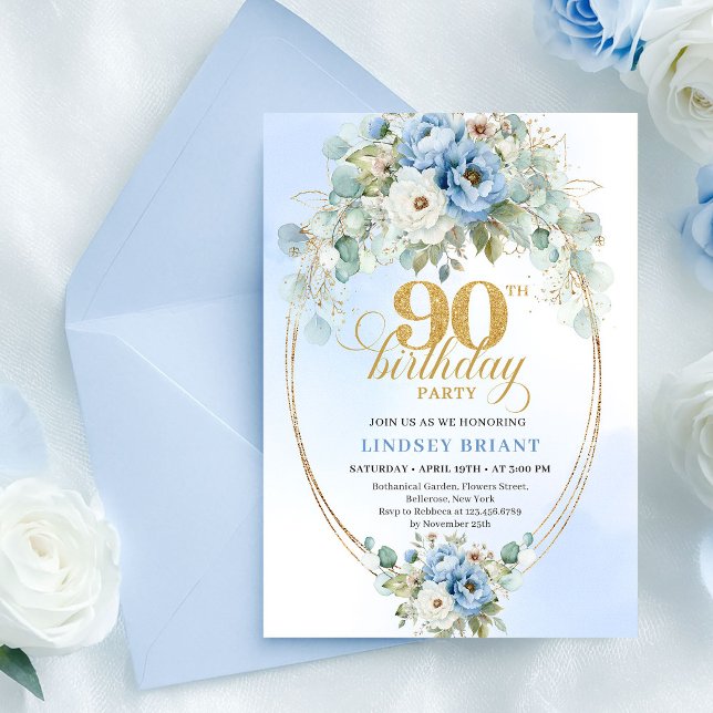 Modern Blue Peonies Greenery 90th Birthday Invite (Modern Blue Peonies Greenery 90th Birthday Invite

)