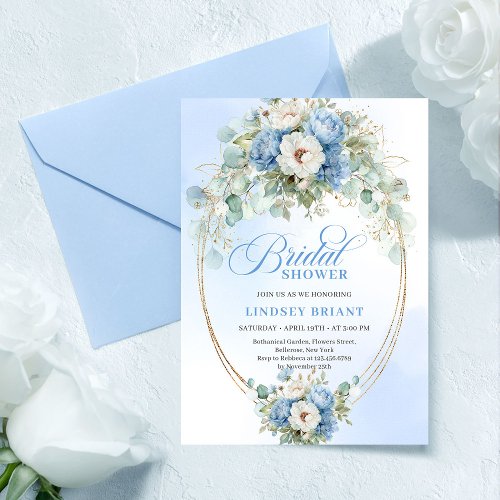 Modern Blue Peonies Greenery Bridal Shower Invite