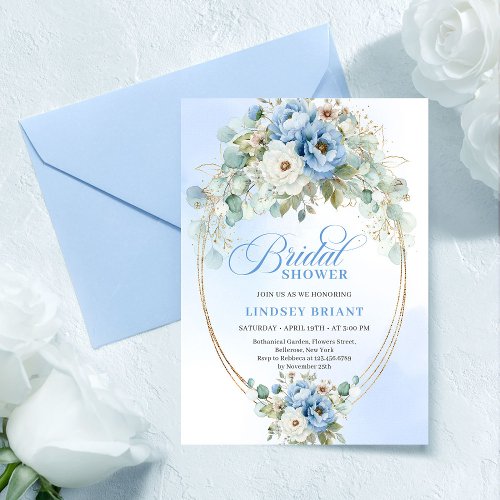 Modern Blue Peony Gold Frame Bridal Shower Invite
