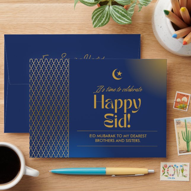 Modern Blue Personalized Eid Money Card Envelopes (Desk)