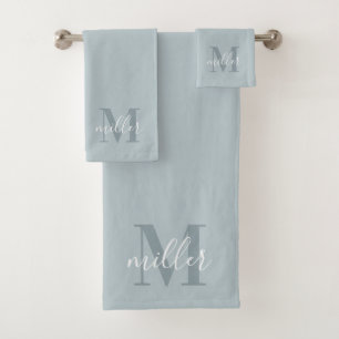 Modern Blue Personalized Family Name Monogram Bath Towel Set