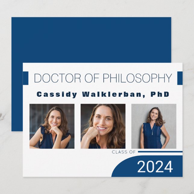 Modern Blue PhD Photo Graduation Announcement (Front/Back)