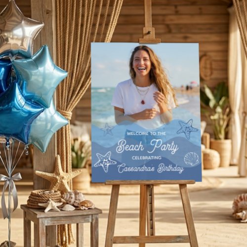 Modern Blue Photo Beach Summer Birthday Welcome Foam Board
