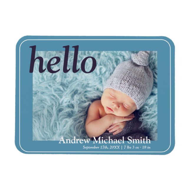 Modern Blue Photo Birth Announcement Magnet (Horizontal)