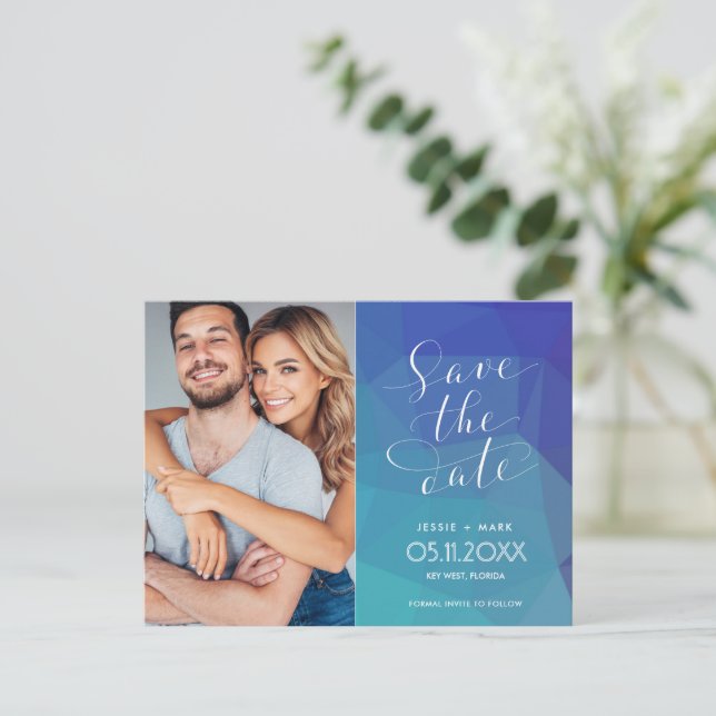 Modern Blue Photo Budget Wedding Save the Date  Announcement Postcard (Standing Front)