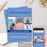 Modern Blue Photo Collage 30th Birthday Invitation<br><div class="desc">Create a personalized party with these Modern Blue Photo Collage 30th Birthday Invitations. Add 3 photos, personalize all of the text on the invitation. Change the year and celebrate a 30th, 40th, 50th, 60th or any kids birthday party! Customize every element of the design to create your perfect September birth...</div>